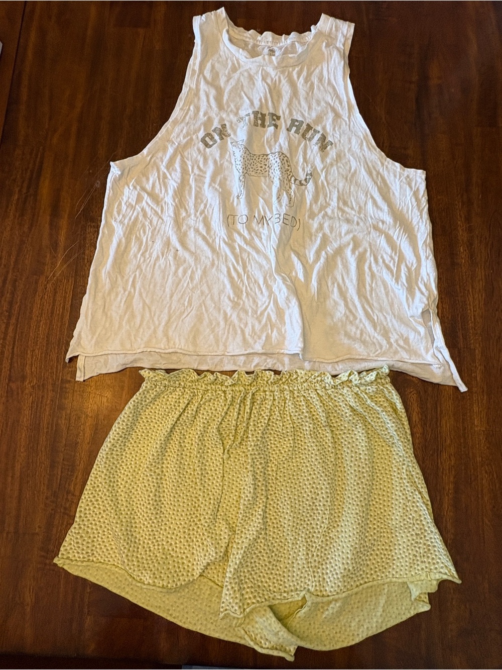 Aerie White Graphic Tank with Pale Yellow Polka Dot Sleep Shorts Set